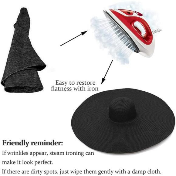 Black Straw Hat Trendy Wide Brim Floppy Large Oversized Visor Hat Cap Beach - Picture 6 of 6